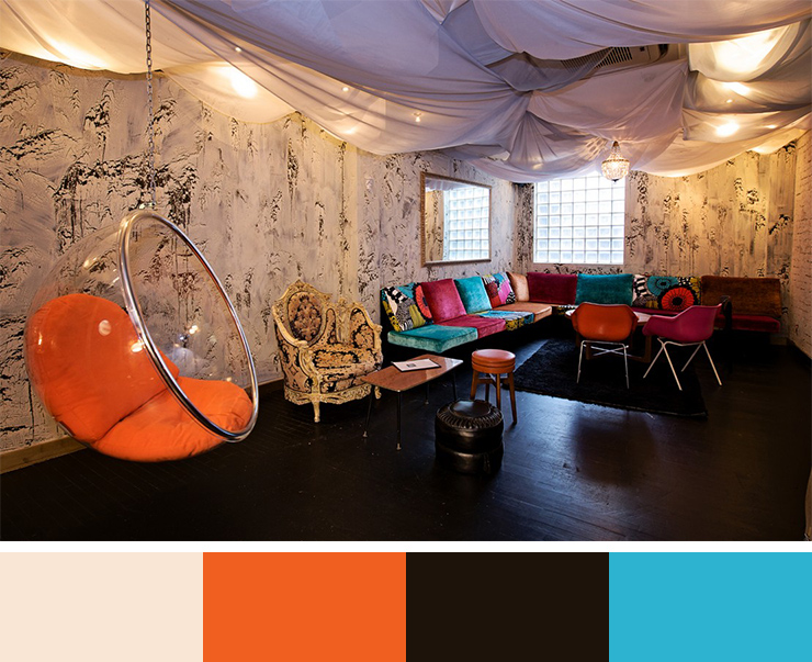 perfect interior colors-interior color schemes-interior-design-color-scheme-eclectic-chic-contemporary-modern-orange-hanging chair-mix