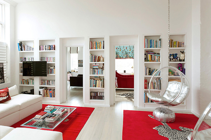 Blake house, loft, interior design, white, red, animal, color scheme