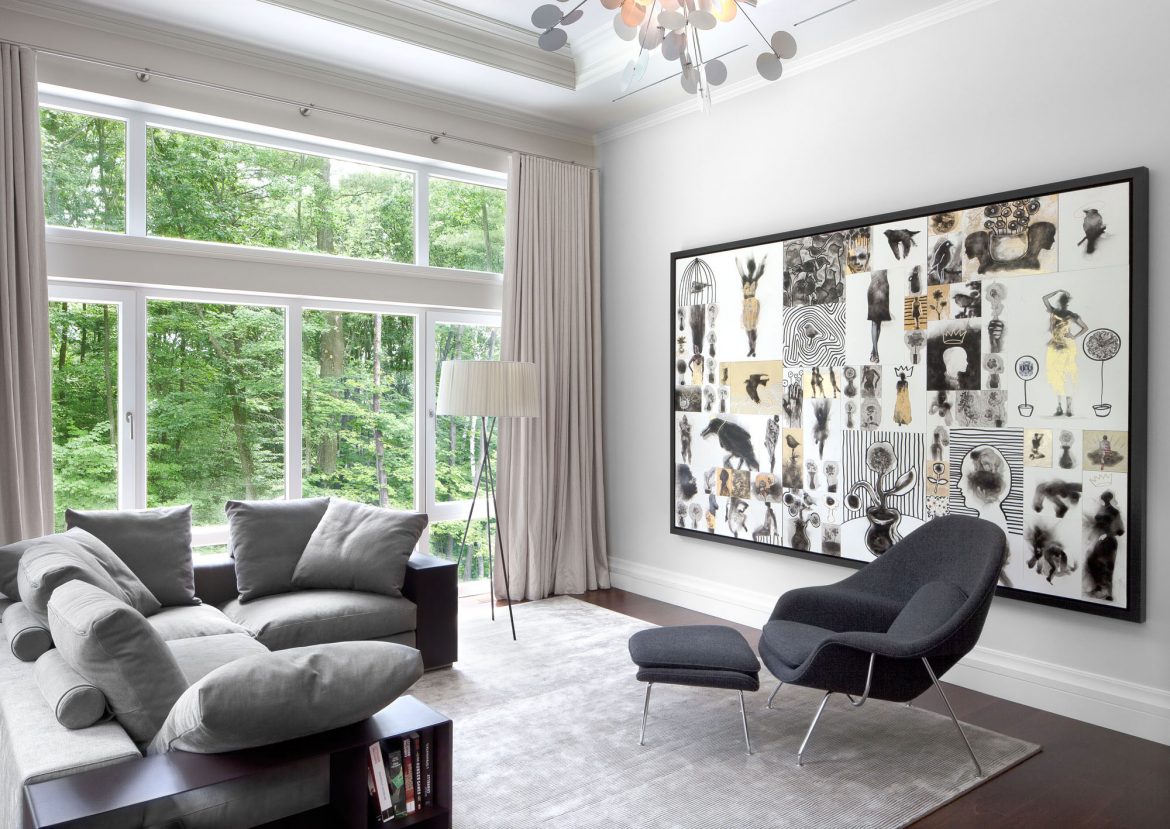 Unique-Display-In-Frame-Near-Black-Lounge-Chair Interior Design Color Schemes: Black and White