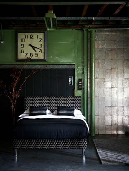 green and black industrail bedroom